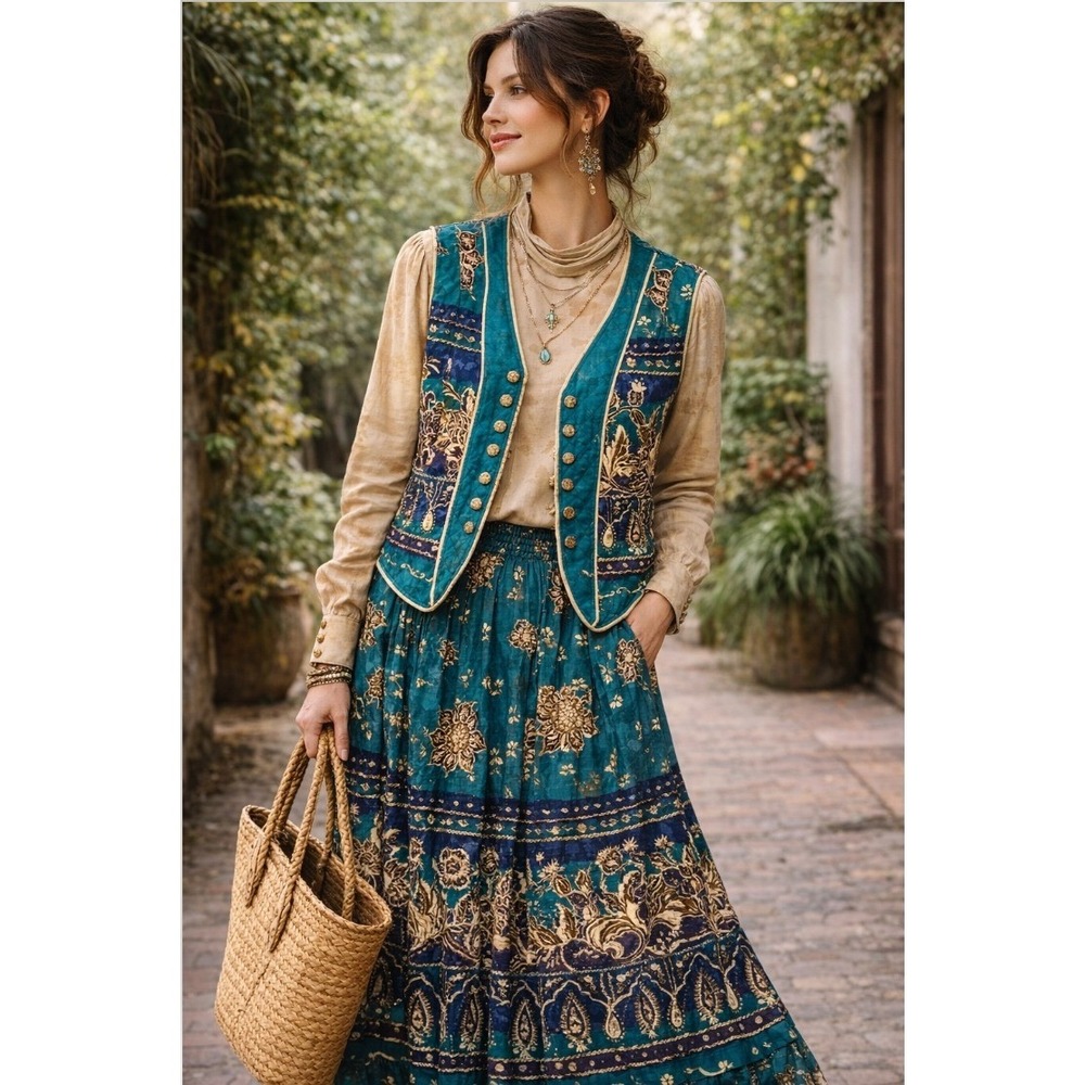 Howard Wolf Vintage 3-Piece Set Teal Gold Paisley Quilted Vest‎ Skirt Blouse 12
